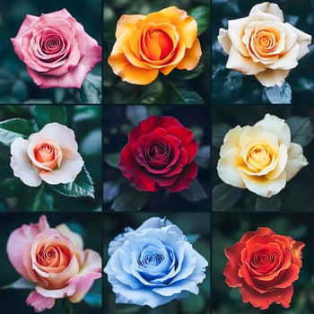 Various colorful blooming roses in a flower collage. AI generated.