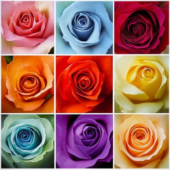 Various colorful blooming roses in a flower collage. AI generated.