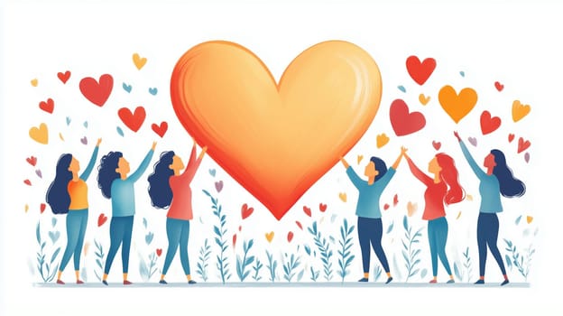 Women holding a big heart and sharing love, showing charity, teamwork, gratitude and kindness