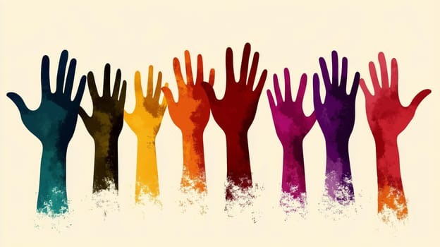 Colorful hands reaching upward, symbolizing diversity, inclusion, and teamwork