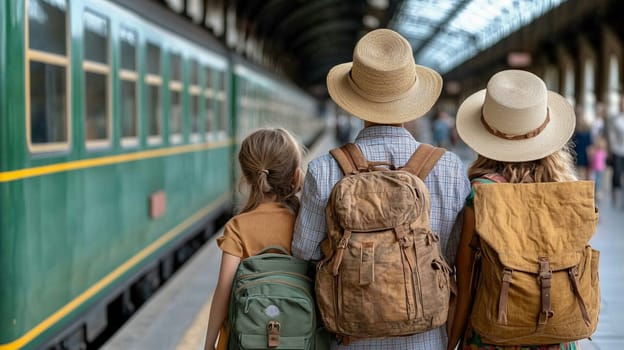 Traveling family with backpacks waiting for their train at a railway station, ready for a new adventure