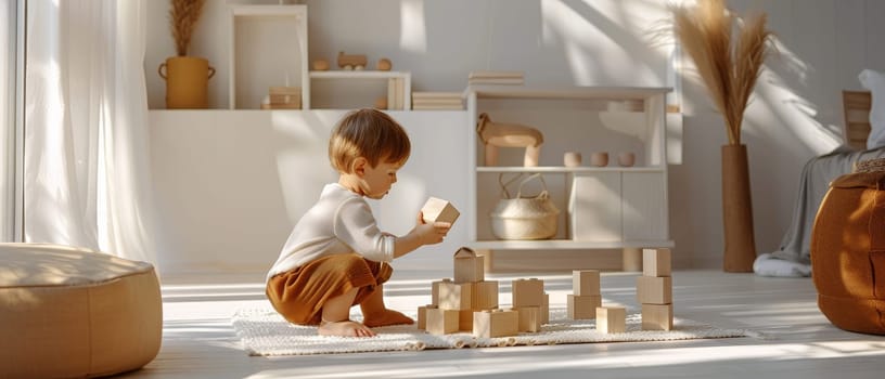 A young child carefully places wooden blocks on a white rug, with sunlight casting warm shadows across the minimalist playroom, highlighting the simplicity and joy of play