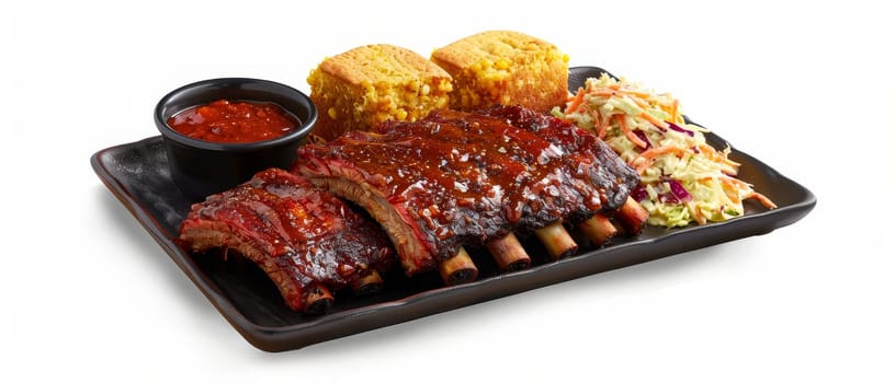 A close-up of a summer picnic spread on a wooden table. The spread includes ribs, cornbread, coleslaw, and a side salad