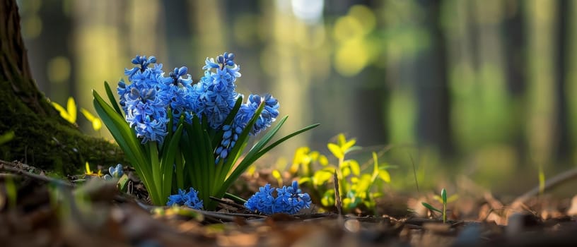 A serene display of blue hyacinths flourishing in an enchanted forest, basking in the ethereal glow of a sunlit backdrop.