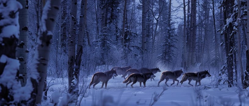 A wolf pack treks through the snow in a dense forest during twilight, showcasing the beauty and wildness of nature.