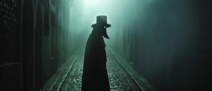 A cloaked figure stands ominously in a foggy, dimly lit alleyway at night, evoking a mysterious and eerie atmosphere.