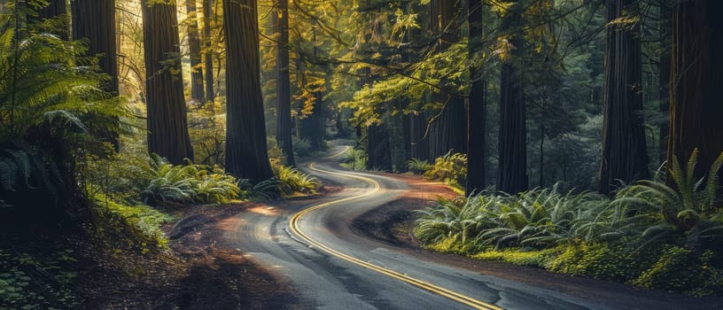 A serene, sunny forest road winding through towering redwood trees, with light piercing through the canopy, creating a tranquil atmosphere.