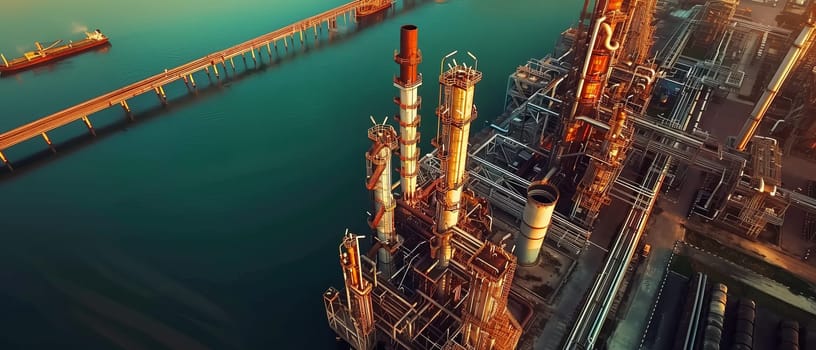 Aerial view of an industrial pier and oil refinery at sunset, showcasing the interplay of warm light on metal structures.