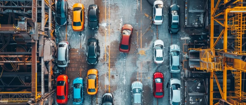 A panoramic aerial view highlights the expansive layout of a densely packed urban parking area, with lines of cars and industrial backdrop