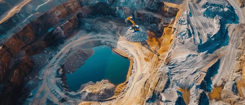 Overhead shot capturing the stark beauty and industry of an open pit mining operation, with distinct water accumulation at the bottom