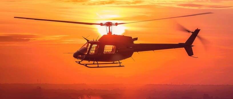 A helicopter in flight is silhouetted against a breathtaking sunset, showcasing the beauty of aviation and nature's backdrop