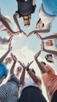 Group of school friends forming heart shape with their hands against a cloudy sky, symbolizing unity, friendship, and teamwork