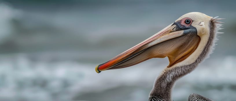 A detailed image of a brown pelican gazing into the distance with stormy seas in the background