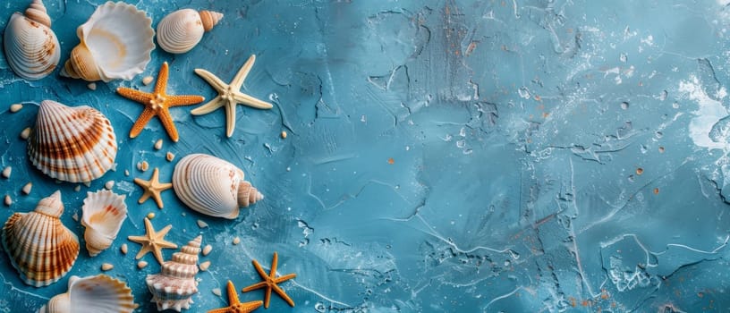 This image showcases a rich collection of seashells and starfish, spread on a textured aqua background, perfect for themed layouts. Copy space for advertising, presentation product or text