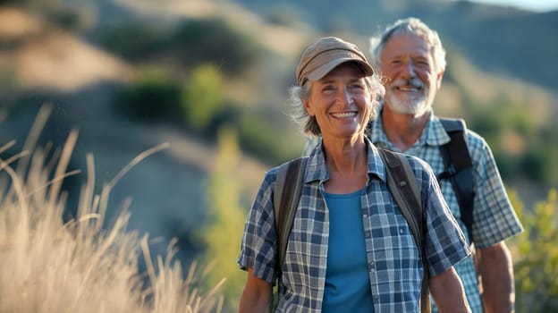 Two elderly hikers smile as they explore a scenic trail surrounded by nature under a clear blue sky. Their joy reflects the beauty of the outdoors - Generative AI
