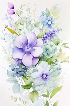Vibrant purple and blue flowers are artistically arranged with delicate leaves against a pale backdrop, creating a serene and elegant display - Generative AI