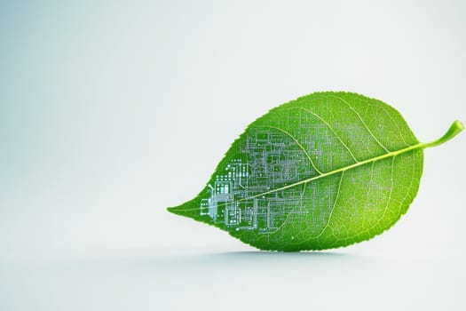 A vibrant green leaf features a unique circuit pattern, symbolizing the fusion of technology and nature, representing innovation and sustainability in a modern world.