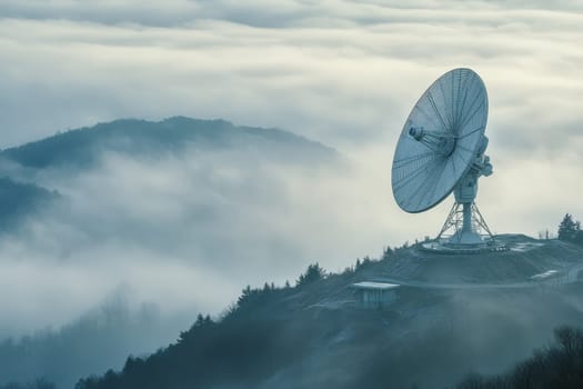 A solitary satellite dish sits atop a mountain, enveloped in fog during the serene morning hours, symbolizing technological prowess amid nature.