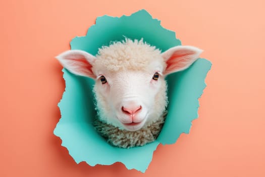 A charming fluffy sheep's head emerges through a vibrant torn paper hole, radiating curiosity and playfulness against a soft pastel backdrop. Perfect for playful designs!