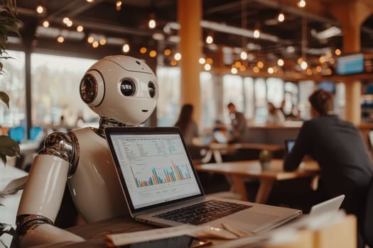 A friendly robot assistant works on a laptop in a modern cafe, analyzing data while people collaborate in a vibrant atmosphere.