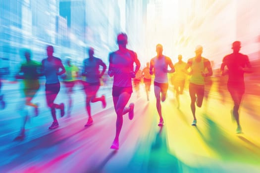 A vibrant scene capturing a dynamic group of runners in motion during a colorful marathon event in an urban environment. The blurred background emphasizes speed and energy.