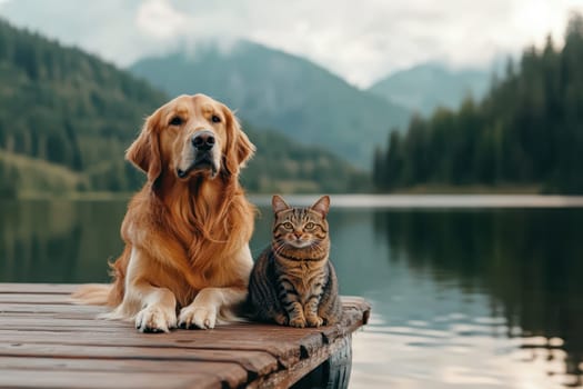 A heartwarming scene of a golden retriever and a tabby cat sitting side by side on a wooden dock by a calming lake, surrounded by lush nature.