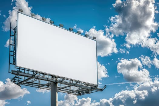 A large empty billboard stands against a clear blue sky filled with fluffy clouds, creating a perfect canvas for advertising or marketing ideas.