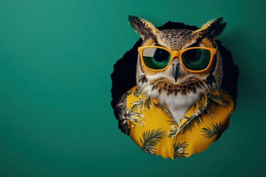 A cartoon owl wearing sunglasses and a yellow shirt. The owl is looking at the camera. The image has a fun and playful mood