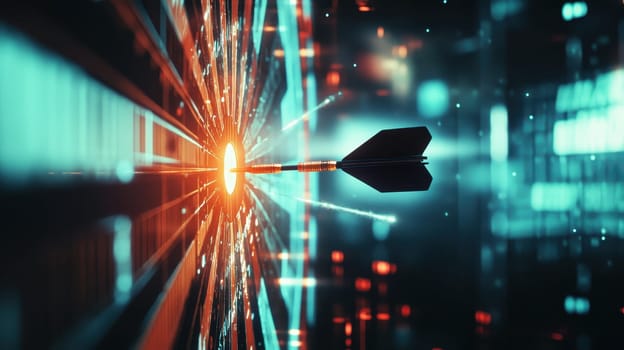 A stunning representation of a dart striking a glowing target, symbolizing focus and success, enhanced by dynamic visual effects highlighting achievement and precision.
