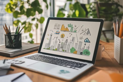 A contemporary workspace featuring a laptop with an artistic urban sketch that illustrates business and finance concepts for innovative ideas.