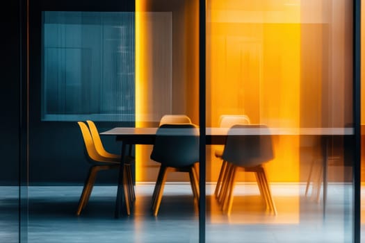 A group of chairs are arranged around a table in a room with a yellow wall. The chairs are all facing the table, and the room has a modern, minimalist design. The chairs are all black