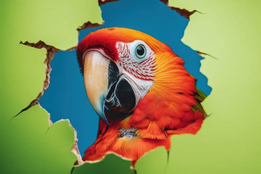 A vivid parrot peers through a torn section of wall, creating a dynamic contrast with a bright green background and blue sky. The lively colors and details evoke a sense of joy and curiosity.