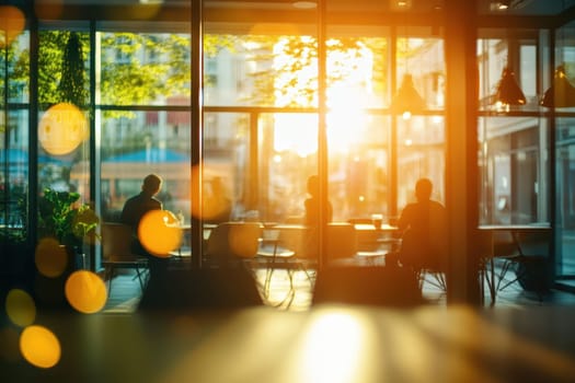A cozy cafe interior featuring soft sunlight streaming through large glass windows, creating a warm ambiance as patrons enjoy their moments.