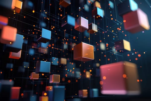 Experience a stunning abstract digital scene with colorful floating cubes illuminated by glowing particles against a dark backdrop.