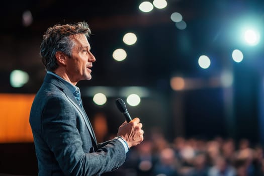 A confident speaker captivates the audience at a professional conference, holding a microphone and engaging in lively discussion under bright lights.