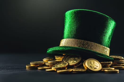 A green hat with gold trim sits on top of a pile of gold coins. The hat and coins are arranged in a way that creates a sense of abundance and prosperity. The image conveys a festive