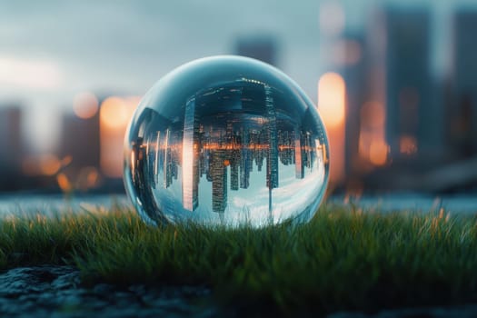 A mesmerizing glass sphere reflects a vibrant urban skyline at dusk, set against a lush grassy foreground, offering a striking contrast between nature and city life.