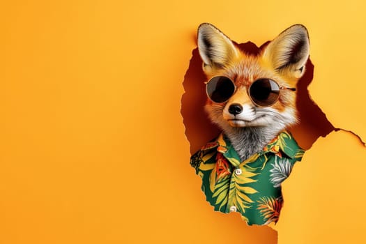 A creative illustration of a stylish fox wearing sunglasses and a tropical shirt, peeking through a bright yellow wall. This playful design exudes joy and adventure.