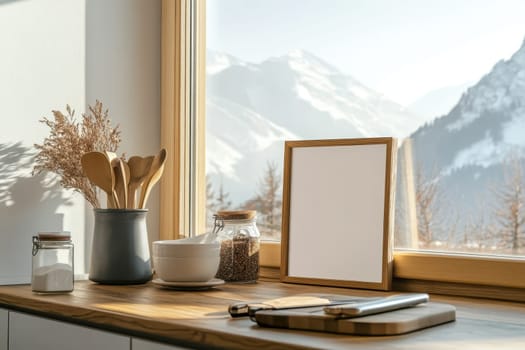 A serene kitchen scene showcasing a blank frame, wooden utensils, and a breathtaking mountain view. The sunlight filters through the window, creating a warm and inviting atmosphere.