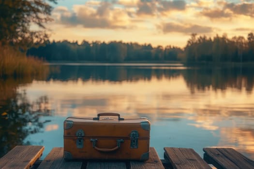 A vintage suitcase rests on a wooden pier beside a tranquil lake at sunset, creating a nostalgic scene filled with warm colors and serene reflections.