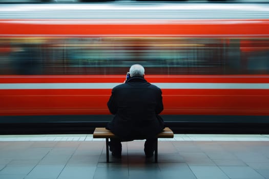 A man sits alone on a bench at a train station, with a fast-moving train creating a blur in the background, capturing a moment of solitude amidst urban life.