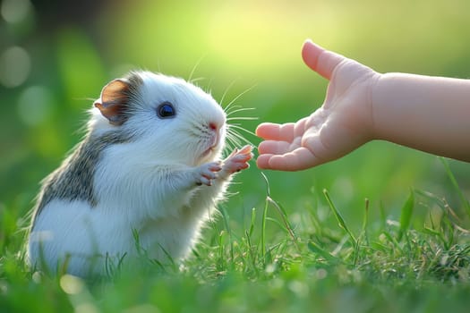 An adorable guinea pig reaches out to touch a child's tiny hand in a sunlit grassy field, showcasing innocence and connection in nature.