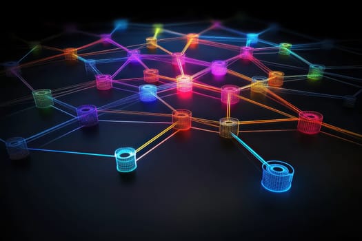 This vibrant digital abstract design features colorful network connections and glowing nodes over a dark background, representing innovation and communication in technology.