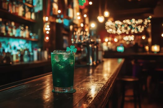 A refreshing green cocktail garnished with clovers sits on a wooden bar counter, surrounded by soft, romantic lights, creating a cozy ambience perfect for celebration.