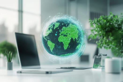 A modern workspace featuring a digital globe that showcases green data insights, representing technology and sustainability in a contemporary office environment.