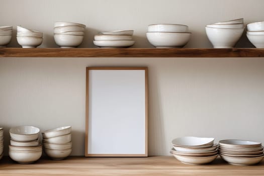 A stylish arrangement of various ceramic bowls and plates on wooden shelves, complemented by an empty frame ready for personal touches, perfect for home decor inspiration.