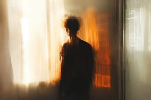 This abstract portrait captures a solitary figure enveloped in soft warm light, evoking emotion and introspection through blurred outlines and atmospheric depth.