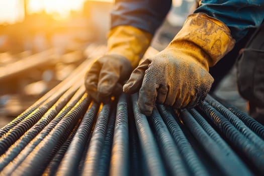 A skilled laborer in safety gloves carefully handles steel rods on a construction site during sunset, showcasing dedication and craftsmanship in their work.
