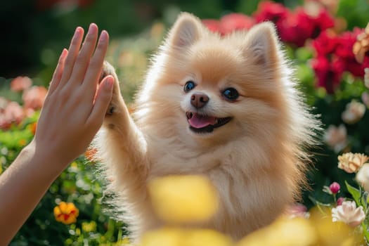 A joyful Pomeranian dog happily high-fives a human hand amidst a vibrant flower garden, capturing the essence of friendship and playful interaction.