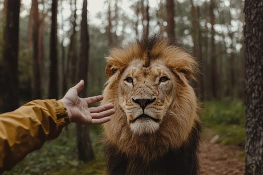 A striking close-up of a majestic lion showcasing its detailed features, captured in a tranquil forest setting. The image highlights a gentle interaction with a human hand.